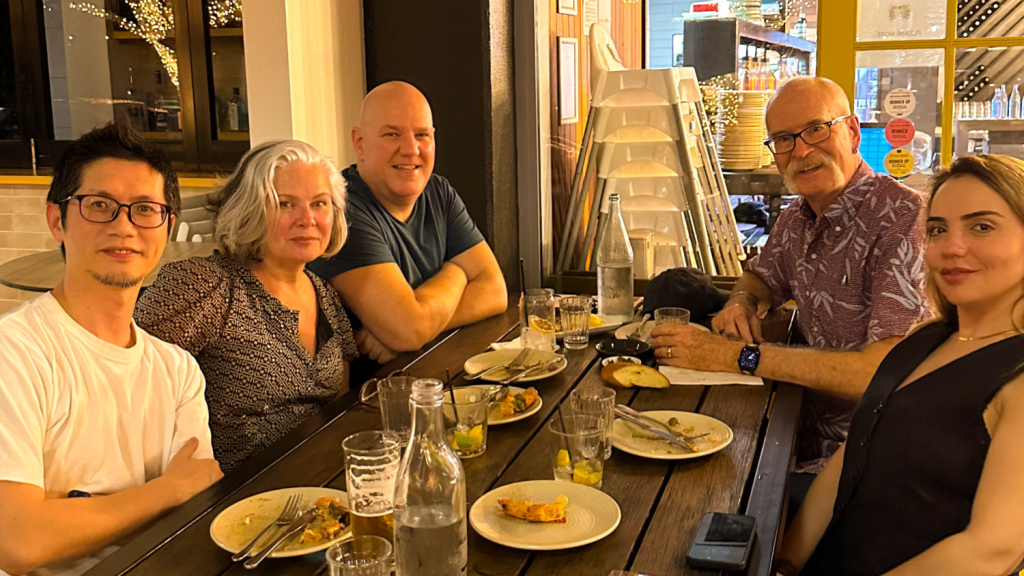 ATypI Brisbane lunch. Pictured from left to right: Eric Liu, Carima El-Behairy, Paul Hunt, David Lemon, Nada Abdallah.